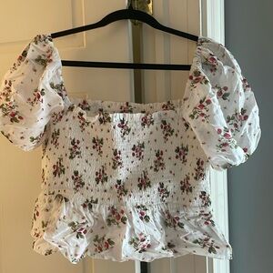 J Crew Smocked strawberry pattern top. Worn once. No tag. Size L.